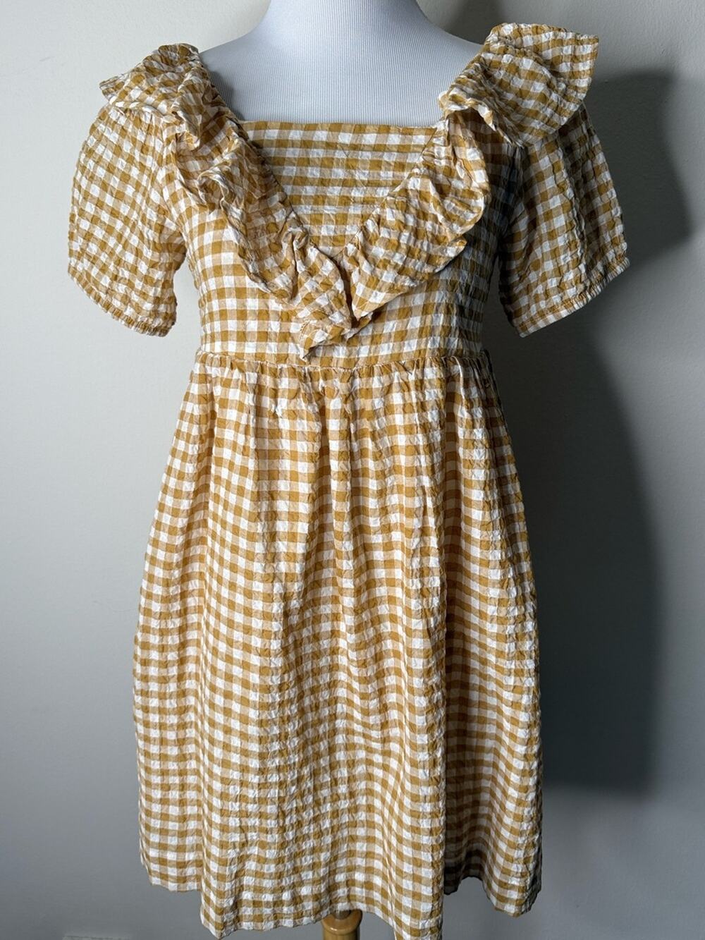 H&M Tan and White Gingham Cottagecore Ruffle Mini Dress